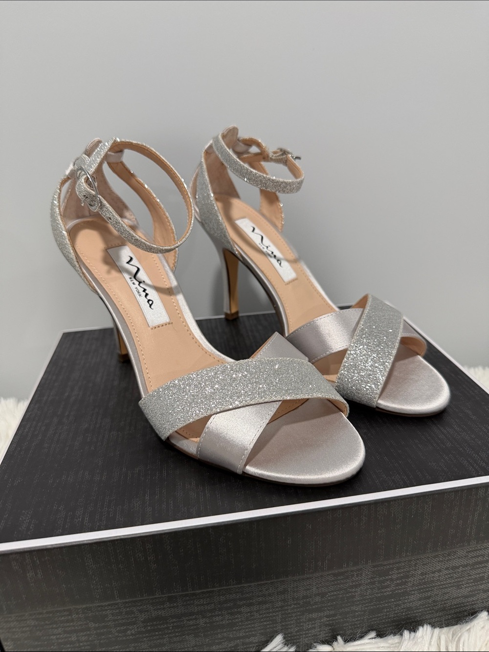 Nina Silver Glitter Crisscross Ankle-Strap Heels